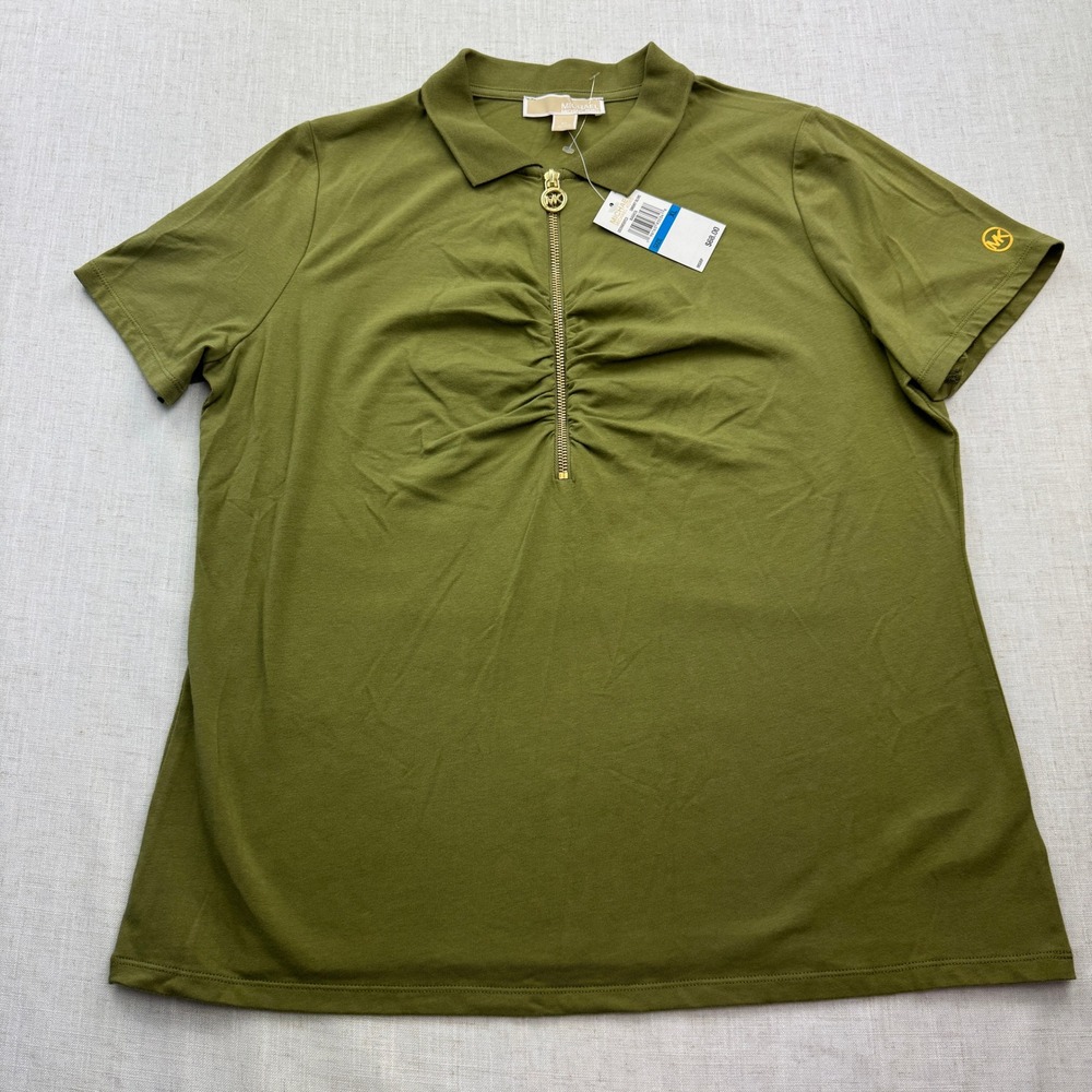 Michael Kors Polo Shirt Womens XL Smoky Olive Ruched Zip Front Designer Basic